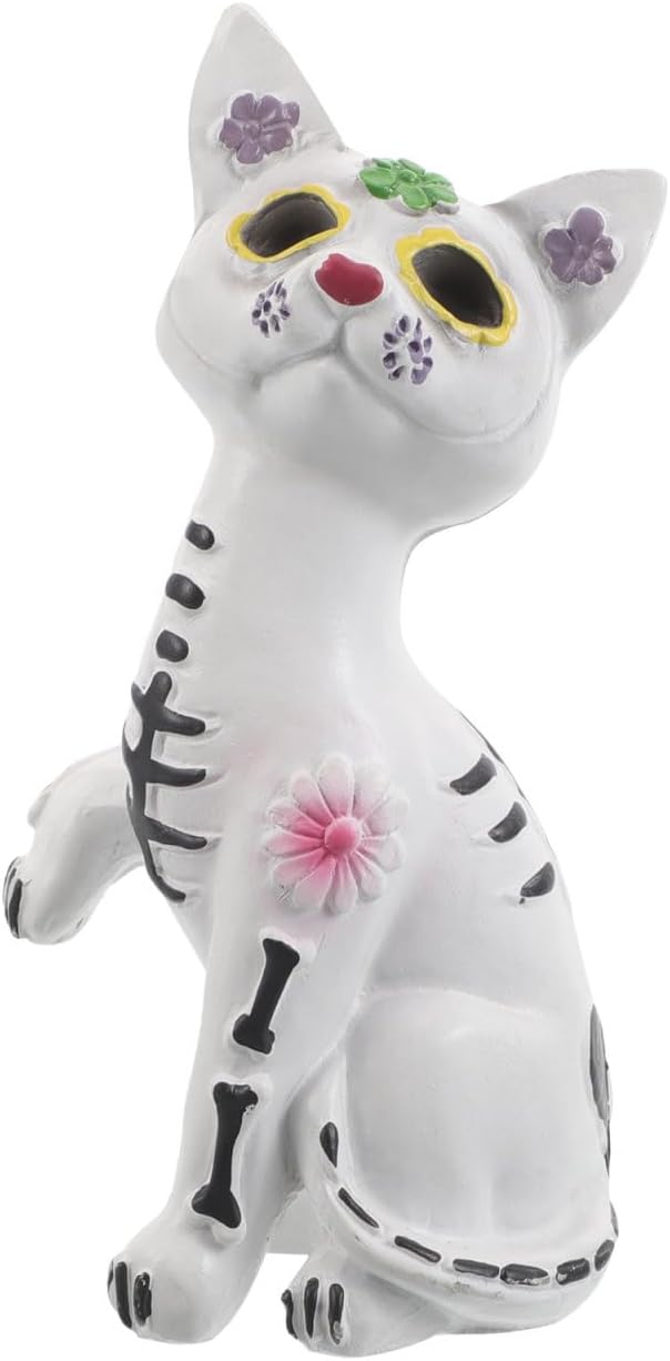 BESPORTBLE Day of The Dead Dog Halloween Decoration Resin Craft Small Skeleton Dog Statues Kids Tabletop Halloween Decor Party Supplies (1, White Skeleton Cat) - skull figurine