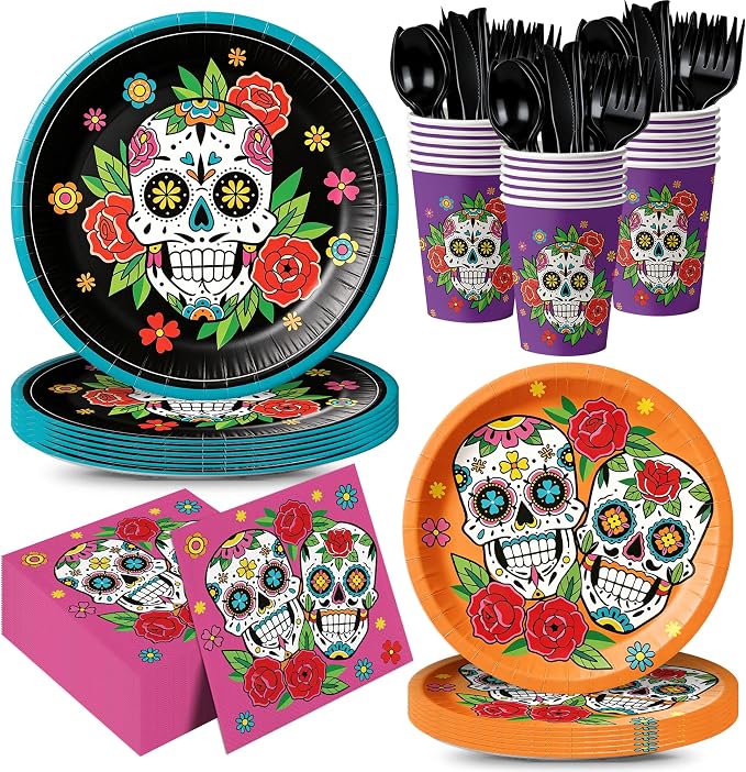168pcs Day of the Dead Plates Napkins Dia de Los Muertos Decoration - skull plate