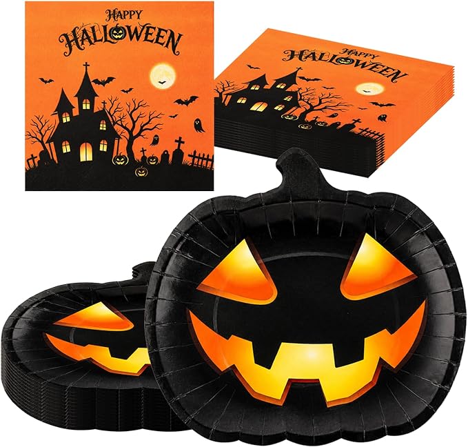 50Pcs Halloween Plates and Napkins, 9.45 Inch Pumpkin Party Plates Set - skull plate