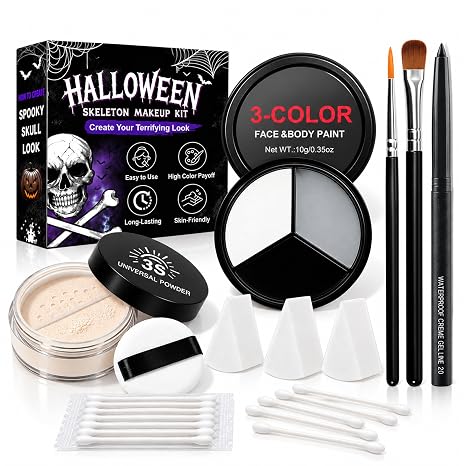 Halloween Skeleton Makeup Kit, White Black Grey Skull Face Body Paint - skull painting