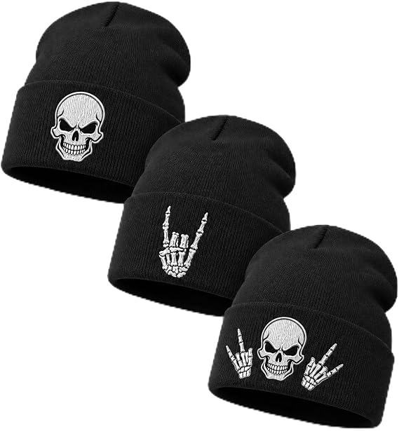 3 Pack Skull Beanies, Gothic Embroidered Knit Winter Hats for Men Women - skull hat