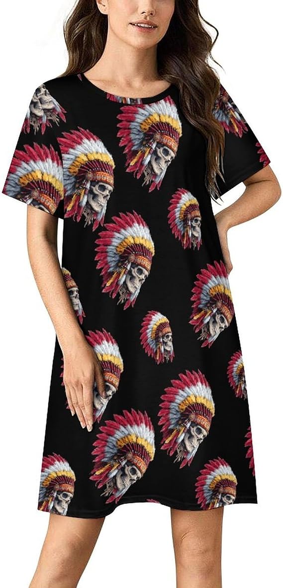 Native U.S Chief Skull Cute Nightgowns for Women Short Sleeve - skull pajamas
