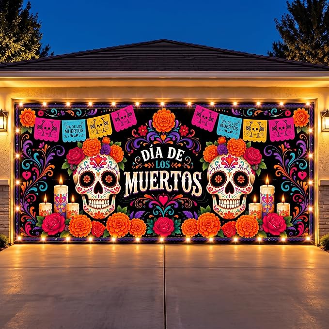 7x16 ft Day of Dead Lighted Garage Door Banner Sugar Skull - skull carpet