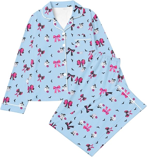 Womens Halloween Pajamas Long Sleeved Button Top Matching Wide Leg Pant Warm Color Ghost Pumpkin Print Pjs Sets - skull pajamas