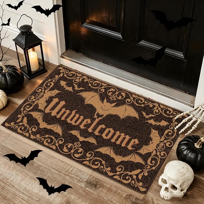 Halloween Unwelcome Door Mat, Gothic Dark Bat Doormat Indoor Outdoor - skull door mat