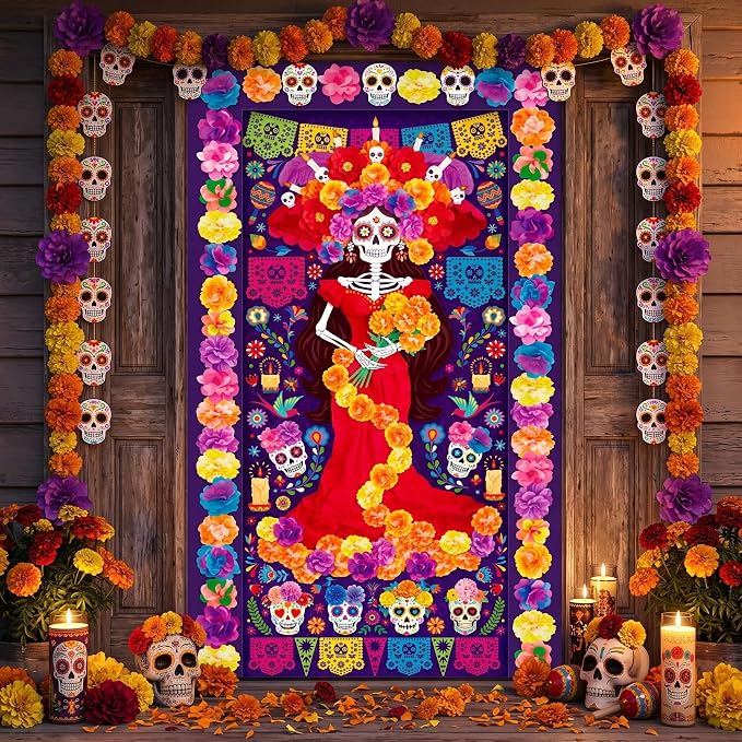 Yookeer Dia De Los Muertos Door Cover Decoration for Backdrop - skull floor mat