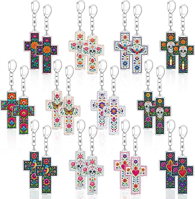 24Pcs Day of The Dead Keychain Ornaments, Dia de Los Muertos Cross Keychains, Colorful Sugar Skeleton Head Cross Keyrings Charms for Halloween Mexican Party Gifts - skull backpack