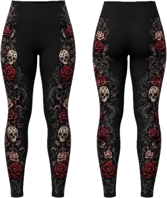 ThuhaTree Store Sugar Skull Rose Halloween High Waist Yoga Leggings - skull leggings