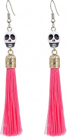 Halloween Sugar Skull Tassel Earrings, Vintage Boho Dangle Jewelry with Colorful Fringe - sugar skull costume