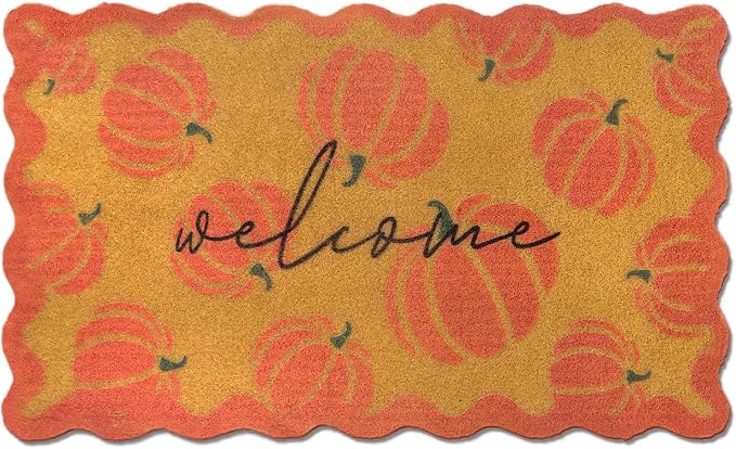 Fall Pumpkin Coco Coir Doormat 17×30 Inch, Scalloped Autumn Welcome Mat