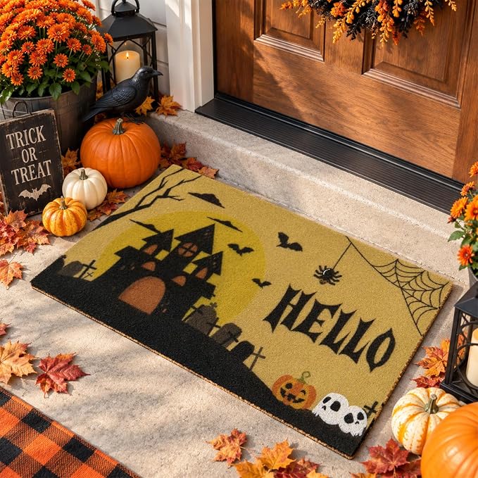 Halloween Door Mat 16"x30" Non-Slip Faux Coir Front Door Mat Outside Entrance with Rubber Backing, Low Profile Funny Castle Print Indoor Mats Halloween Decor Easy Clean Dirt Trapper Doormat - skull floor mat