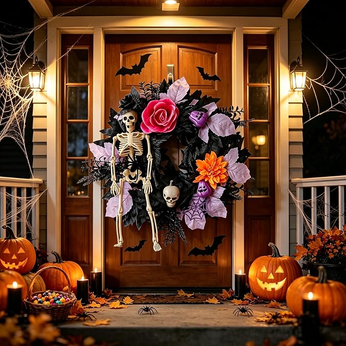 Halloween Skeleton Wreath for Front Door - Skeleton Halloween Decorations, 18" Scary Skeleton Wreath for Porch Outdoor, Haunted House Halloween Decor for Indoor Wall, Fall Halloween Decor for Home - skull wreath