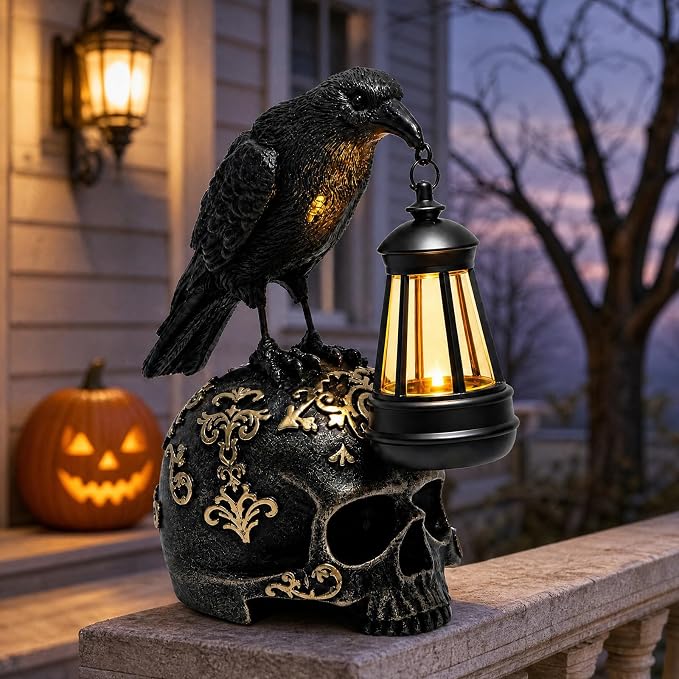 EPOTUE Halloween Solar Raven Skull Lantern, Gothic Resin Crow Skull Decor - skull figurine