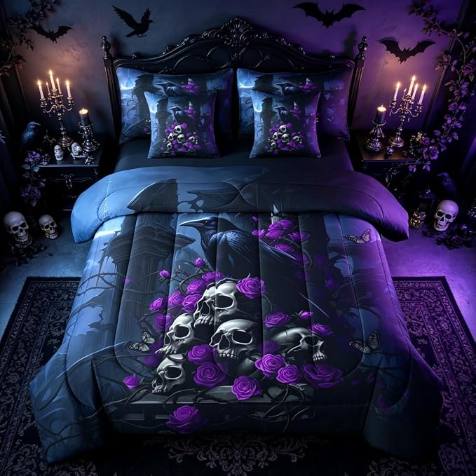 Erosebridal Gothic Raven Full Bedding Set 7 Pieces Gothic Halloween Skull Bed in A Bag with Sheets Black Goth Cemetery Comforter Set for Kids Girls Boys Teens Women Purple Rose Bed Sets - skull bedding