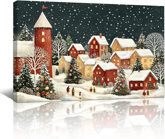 WENGTIAO Vintage Christmas Winter Village Canvas Wall Art 12"x16" - skull wall art