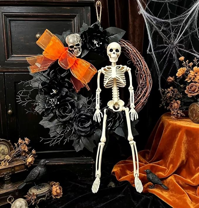 Halloween Skull Wreath Black Glitter Branch Artificial Wreath for Front Door Inch Spooky Halloween Decor Skull Top Hat Striped Bow Decor for Home Party Wall Porch Gothic Holiday Decoration - skull wreath