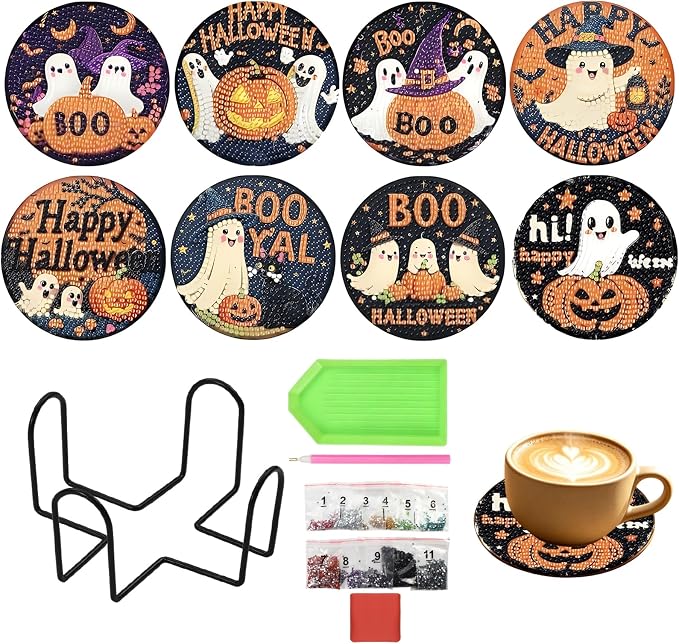 Halloween Diamond Art Coasters Kit, 8 Pcs, 4x4 Inch - skull coaster