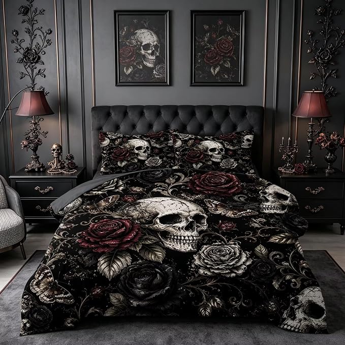 Vintage Skull Rose Gothic Comforter Set King Size Halloween 3 Piece - skull bedding