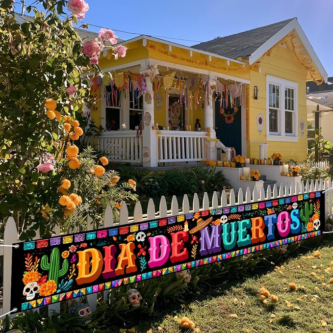 IVN Day of the Dead Banner 118x20 Inch Dia de los Muertos Decorations Colorful Skull Cactus Floral Banner with Grommets for Outdoor Indoor Yard Porch Garden Mexican Party Decor - skull carpet