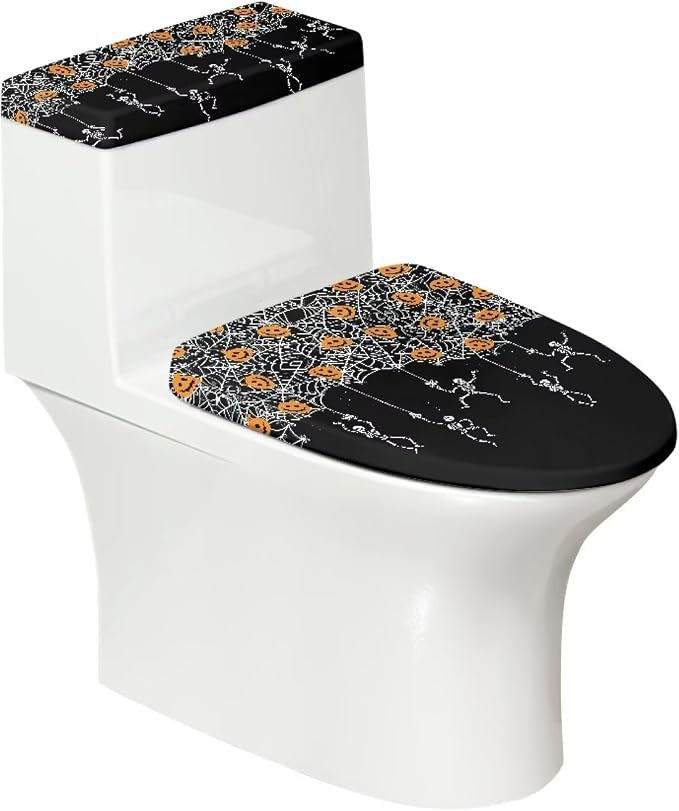 Gothic Skull Toilet Tank Lid Covers for Bathroom Halloween Toilet Seat Cover Universal 2 Pack Toilet Lid Cover Elastic Easy to Install Reusable Universal Fit Halloween Decorations