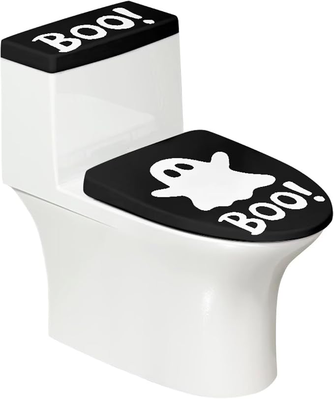 Boo Ghost Toilet Seat Cover Halloween Toilet Lid and Tank Cover Cute 2 PCS,Machine Washable Durable Toilet Dust Proof Set for Halloween Bathroom Decoration, Black - skull toilet paper