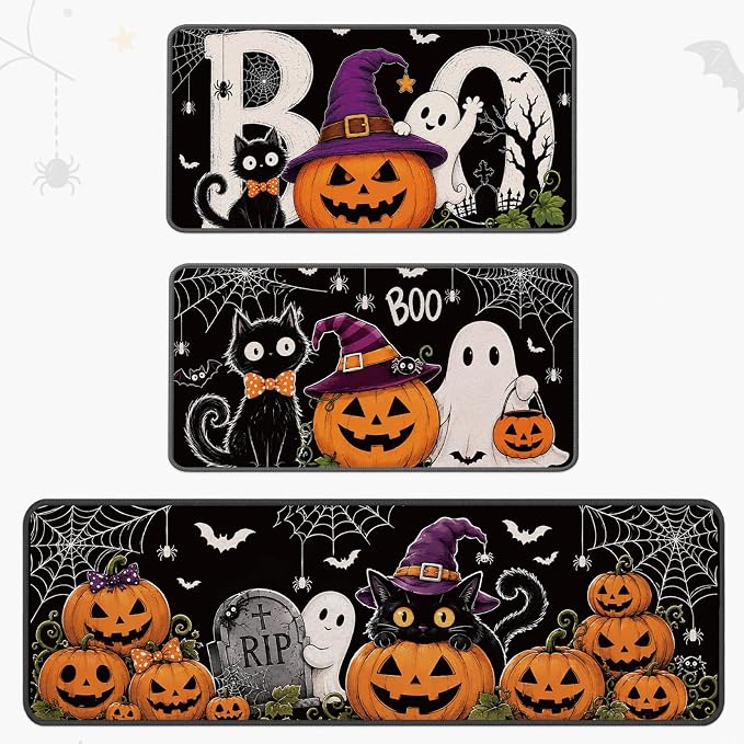 Halloween Kitchen Rugs and Mats Set, 3-Piece Black Cat Ghost Pumpkin Kitchen Mats for Floor, Fall Themed Silicone Backing Kitchen Runner Rug and Indoor Door Mat, 15.7 x 27.6/47.2 in - skull floor mat