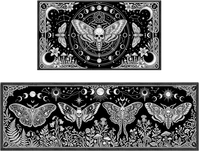 Moth Skull Kitchen Rug, Black and White Gothic Kitchen Mat Non Slip - skull toilet mat