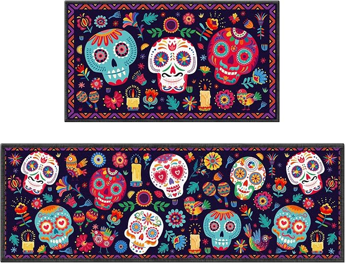Mexican Skull Kitchen Rug, Colorful Kitchen Mat Non Slip - skull floor mat