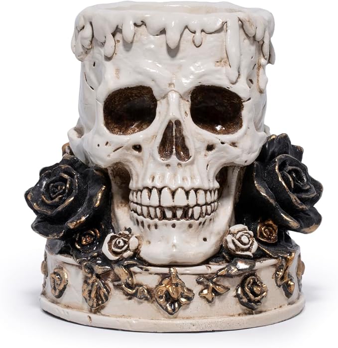 Hodao Halloween Skull Holder, Gothic Skeleton Stand with Floral Decor - skull figurine