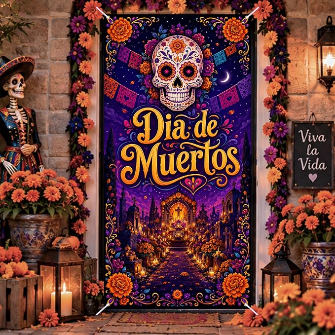 Nuxovilar Day of the Dead Cemetery Door Covers Banner 35"x71" Polyester - skull floor mat