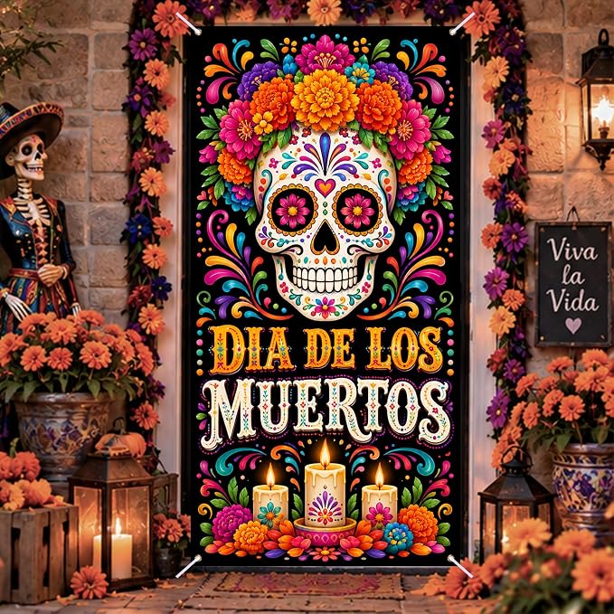 Nuxovilar Day of the Dead Vibrant Door Covers Banner 35″x71″ Polyester