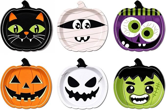 JoyPopper 60Pcs Halloween Paper Plates – 9 Inch Disposable Party Tableware in 6 Festive Designs with Pumpkin, Ghost, Bat and Mummy for Kids Birthday & Halloween Dinner Supplies (halloween) - skull plate