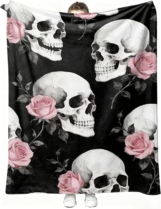 Skull Throw Blanket Gothic Dark Skeleton Floral Soft Cozy Flannel 40"X50" - skull blanket