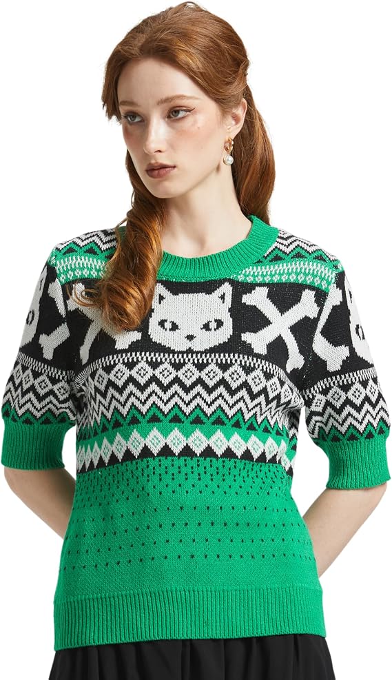 ModCloth Womens Halloween Cat Sweater Short Sleeve Fair Isle Knit Pullover - skull sweatshirts
