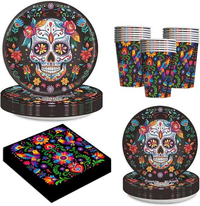 100Pcs Day of the Dead Party Supplies,Sugar Skull Tableware Set 9"& 7" Day of the Dead Plates and Napkins Cups for Halloween Fiesta Dia De Los Muertos Birthday Ptarty Decorations Serves 25 - skull plate