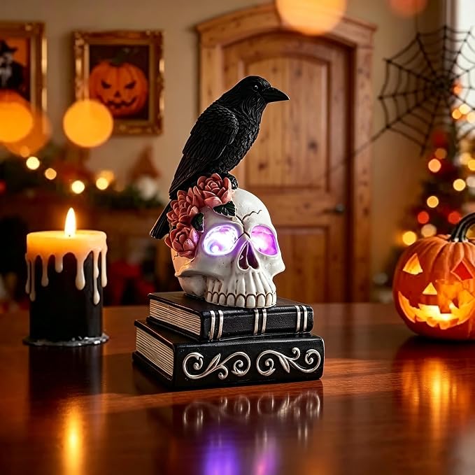 Light Up Raven Skull Resin Statue with Pink Roses & Stacked Books, Gothic Crow Skeleton LED Figurine, Spooky Halloween Table Mantel Decor Ornament - skull figurine