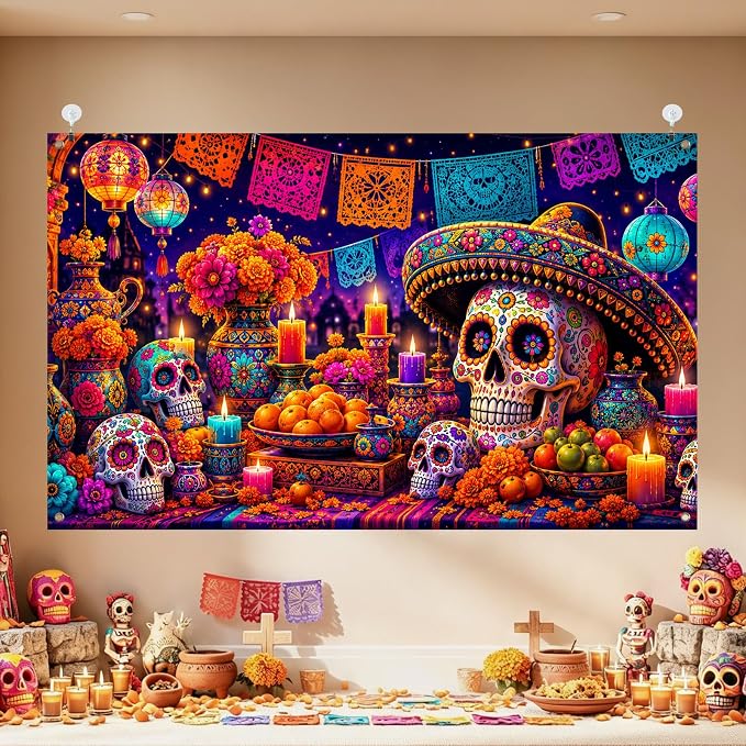 IVN Day of the Dead Banner Sugar Skull Altar Backdrop 70.86 x 43.3 Inch - skull candle