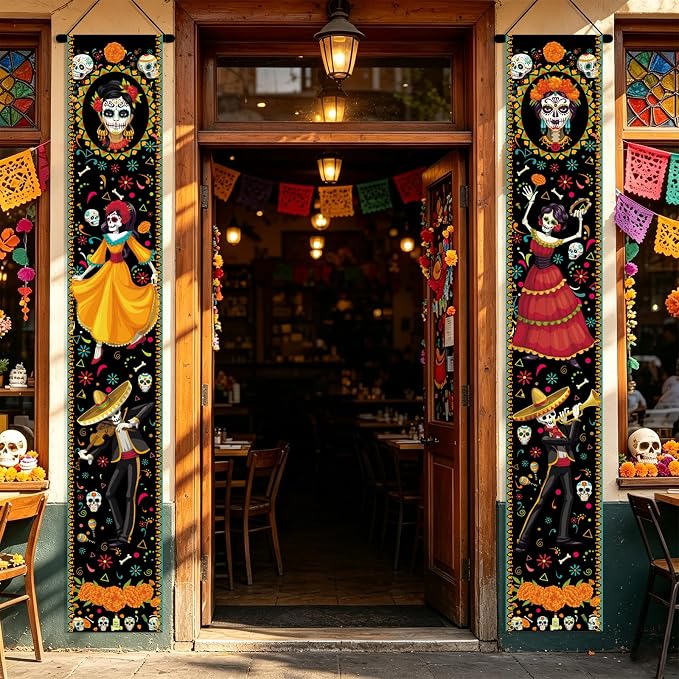 Dia De Los Muertos Porch Sign – 2 Pack Sugar Skull Door Banners