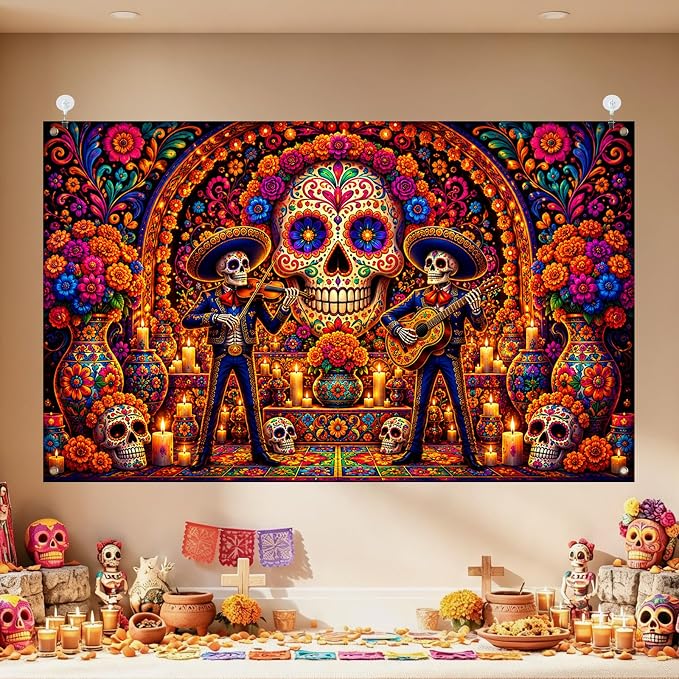 IVN Day of the Dead Banner Sugar Skull Musicians 70.86 x 43.3 Inch - skull candle