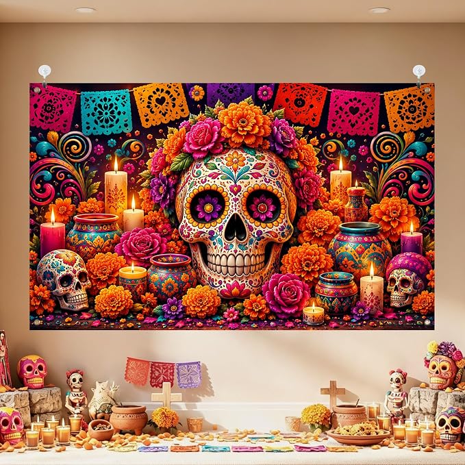IVN Day of the Dead Outdoor Banner Sugar Skull Decor 71 x 43 Inch - skull candle