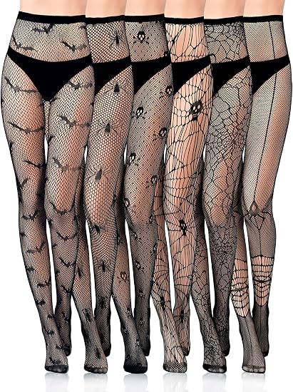 6 Pairs Halloween Fishnet Tights Black Patterned Stockings - skull leggings