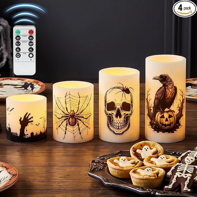 Bigmeta Halloween Flameless Candles Decorations Indoor with Timer, 4 Sizes - skull candle