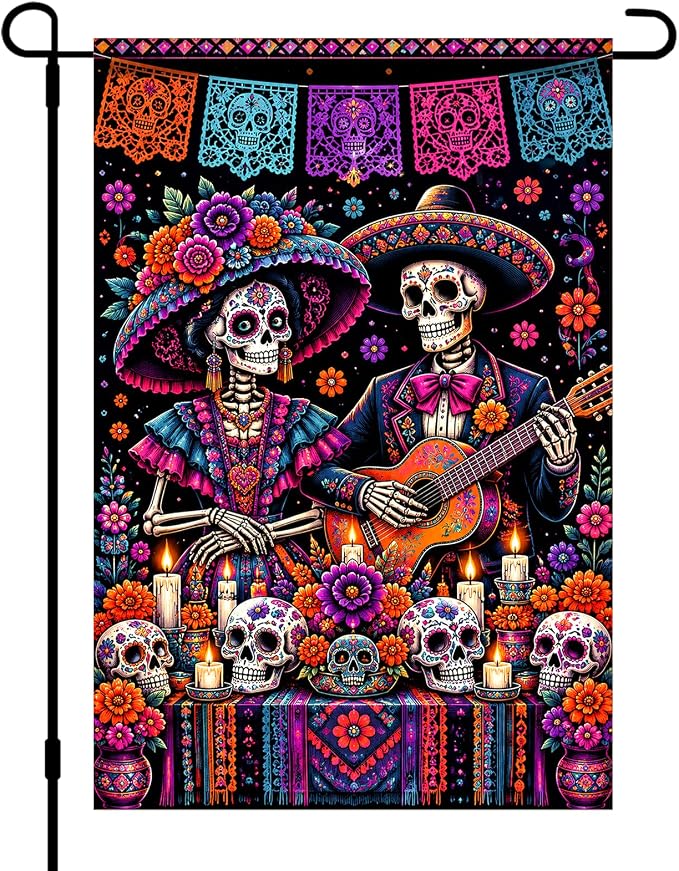 IVN Day of the Dead Garden Flag Skeleton Couple Decor 12x18 Inch - skull candle