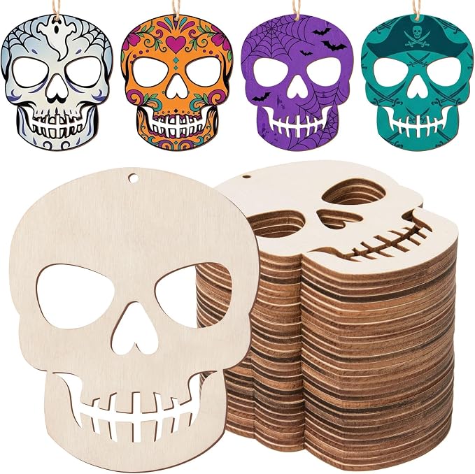 AWIZOM 48 Pcs Halloween Skull Wooden Cutouts Unfinished Hanging Ornaments - skull painting