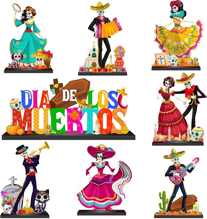 8Pcs Dia De Los Muertos Decorations Day of the Dead Wooden Table Sign - skull figurine