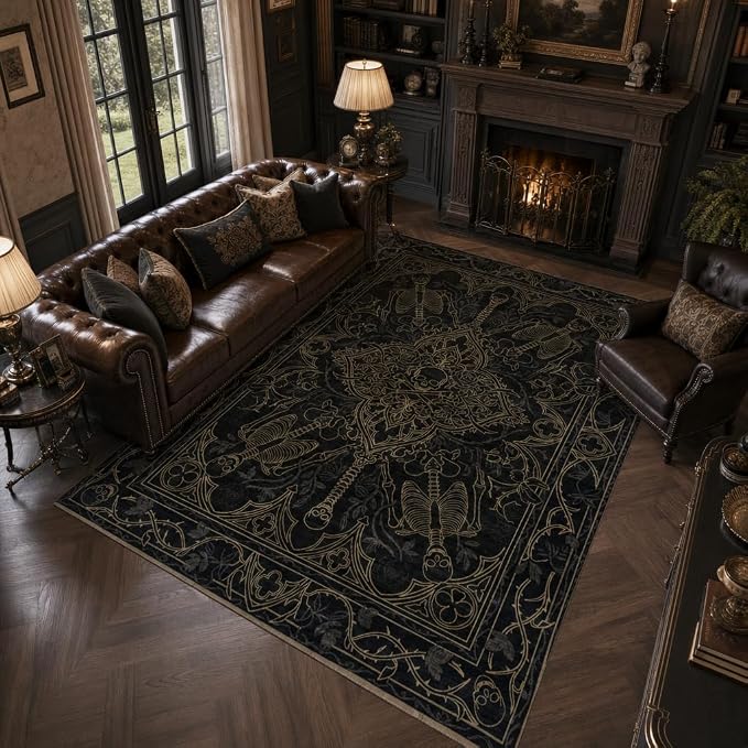 8×10 Black and Gold Gothic Vintage Skeleton Skull Low-Pile Area Rug