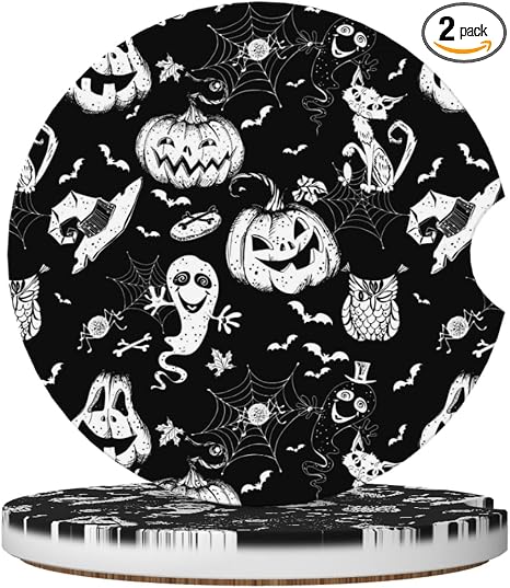 ZIKAI Halloween Car Cup Holder Coasters Absorbent Ceramic Coasters 2 Pack - skull coaster