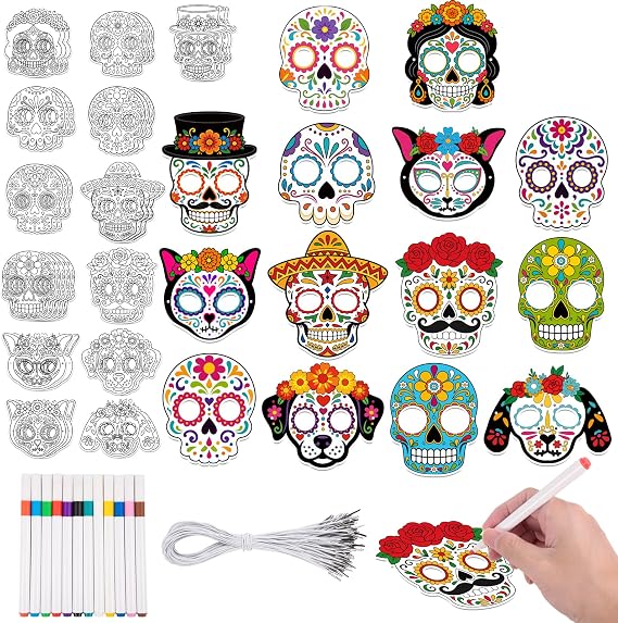 36Pcs Day of the Dead Sugar Skull Masks: Halloween DIY Coloring Craft - sugar skull makeup