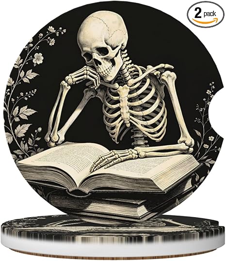 ZIKAI Reading Skeleton Car Cup Holder Coasters Absorbent Ceramic Coasters - skull coaster