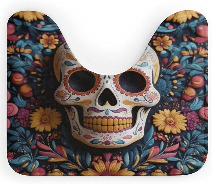 Sugar Skull U-Shaped Toilet Rug with Non-Slip Backing - skull toilet mat